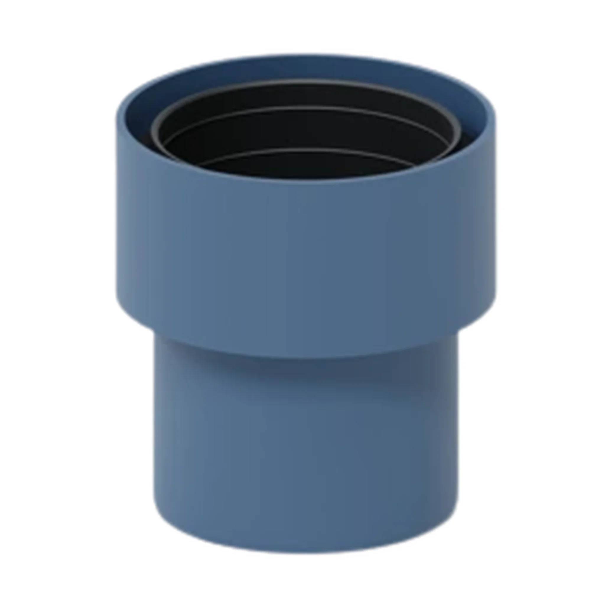 Blaue zylindrische Rohrverschraubung mit größerer oberer Öffnung, in 3D auf weißem Hintergrund dargestellt.