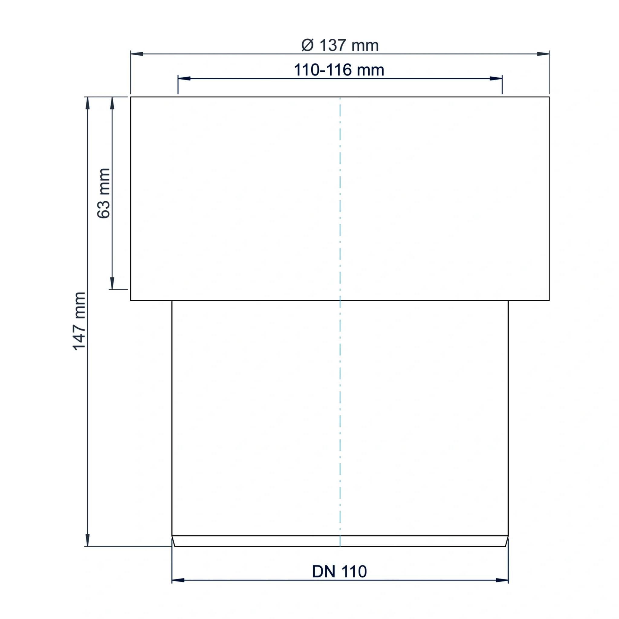 Technische Maßzeichnung einer Rohrarmatur, die Flansch- und Körpergrößen zeigt: Ø137 mm oben, 110-116 mm innere Breite, 63 mm Flanschhöhe, 147 mm Gesamthöhe, DN 110 Basis.