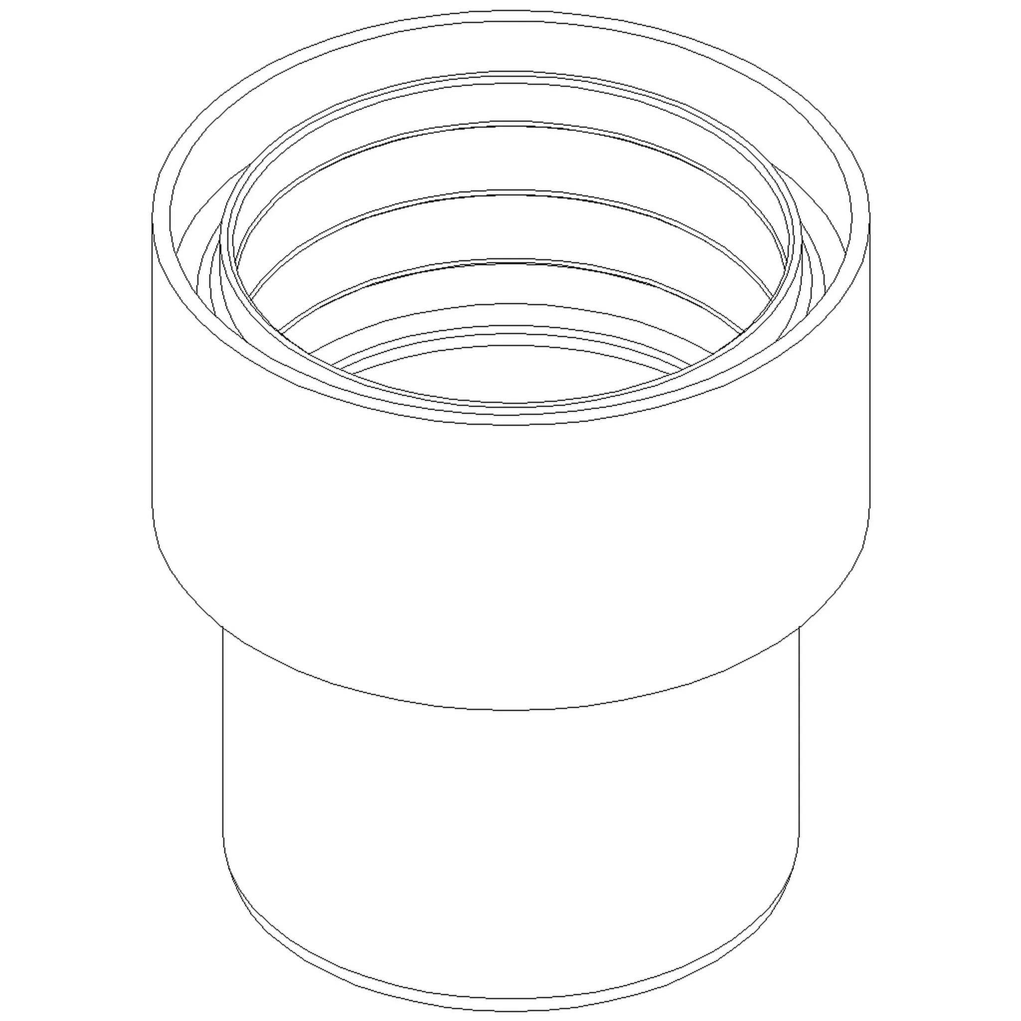 Linienzeichnung eines zylindrischen Rohrverbinders oder einer Adapter mit einer breiten oberen Öffnung und einem schmaleren unteren Bereich.