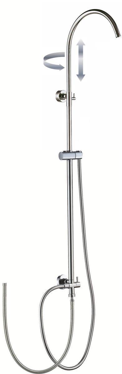 Chromduschsäule mit Handbrausearm, verstellbarer Halterung und flexiblem Schlauch auf weißem Hintergrund.