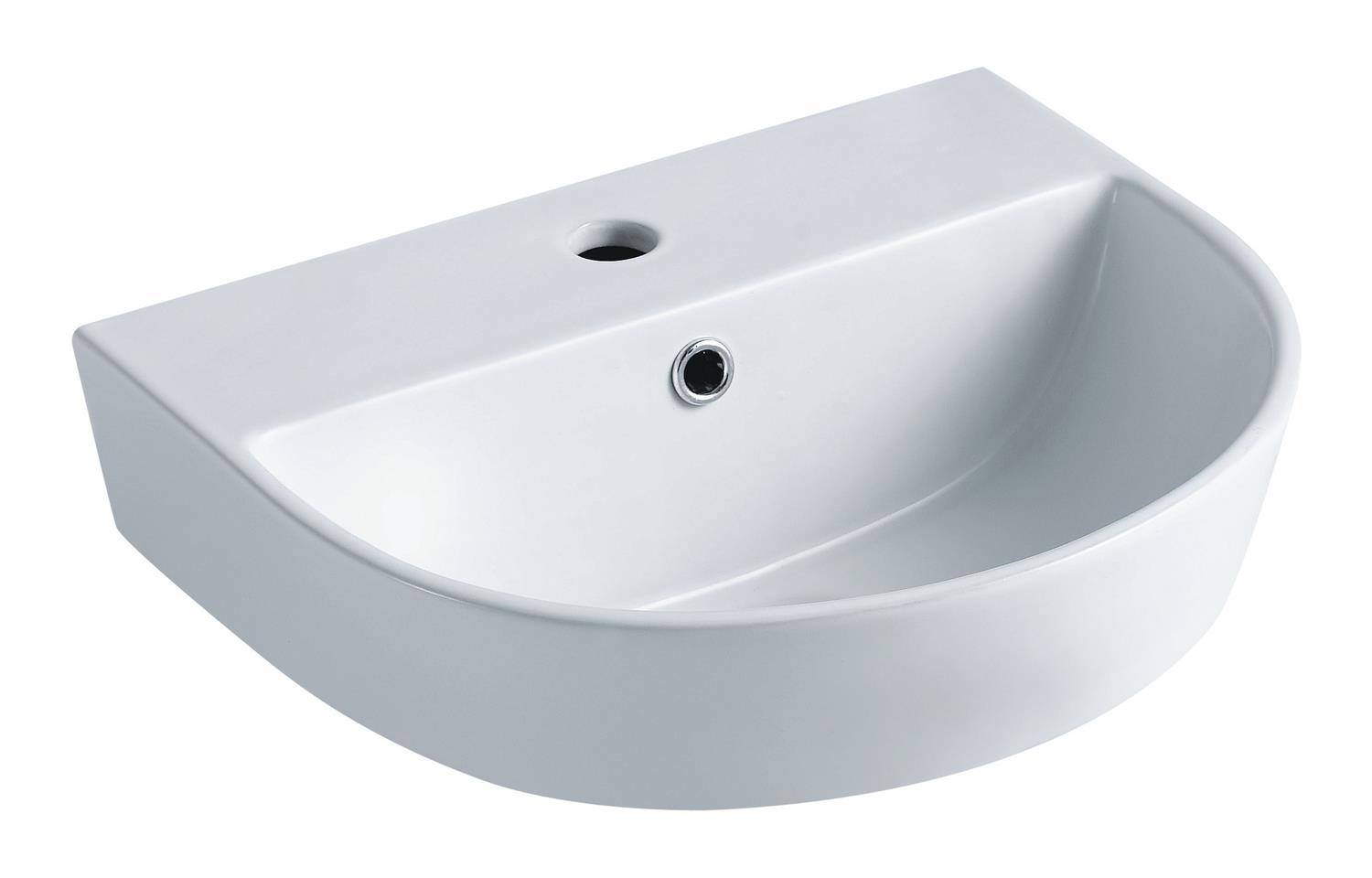 Weiß montiertes Badezimmer-Waschbecken an der Wand mit zentralem Abflussloch und Wasserhahn-Öffnung, gezeigt vor einem einfachen weißen Hintergrund.