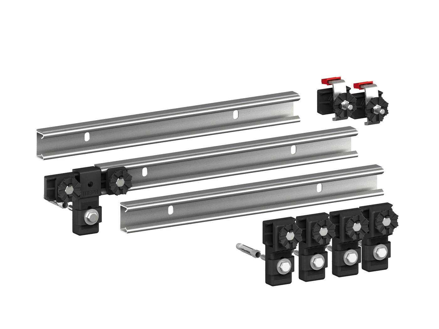 Produktfoto von Metallmontageschienen mit schwarzen Kunststoffverbindern und Klemmen, dargestellt als Hardwareassemblierungsset auf weißem Hintergrund.