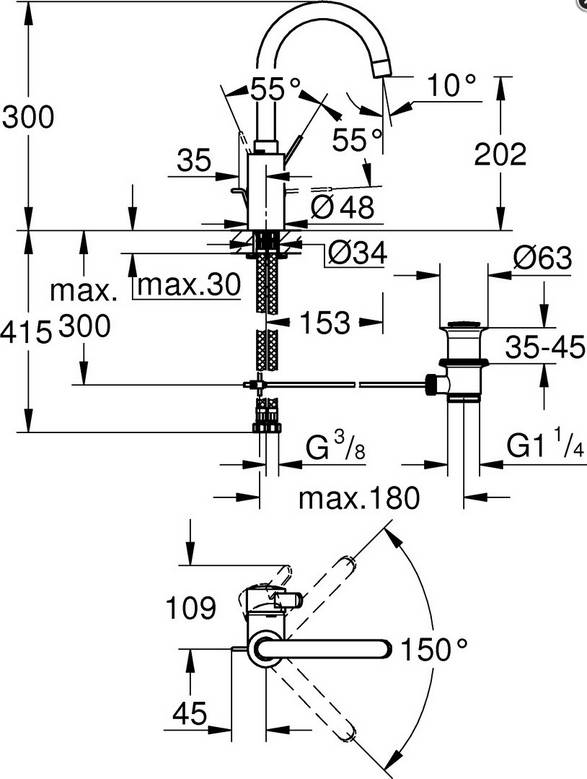 Grohe EHM Waschtisch Eurosmart C schwenkb Rohrausl. m Ablaufg. verchromt