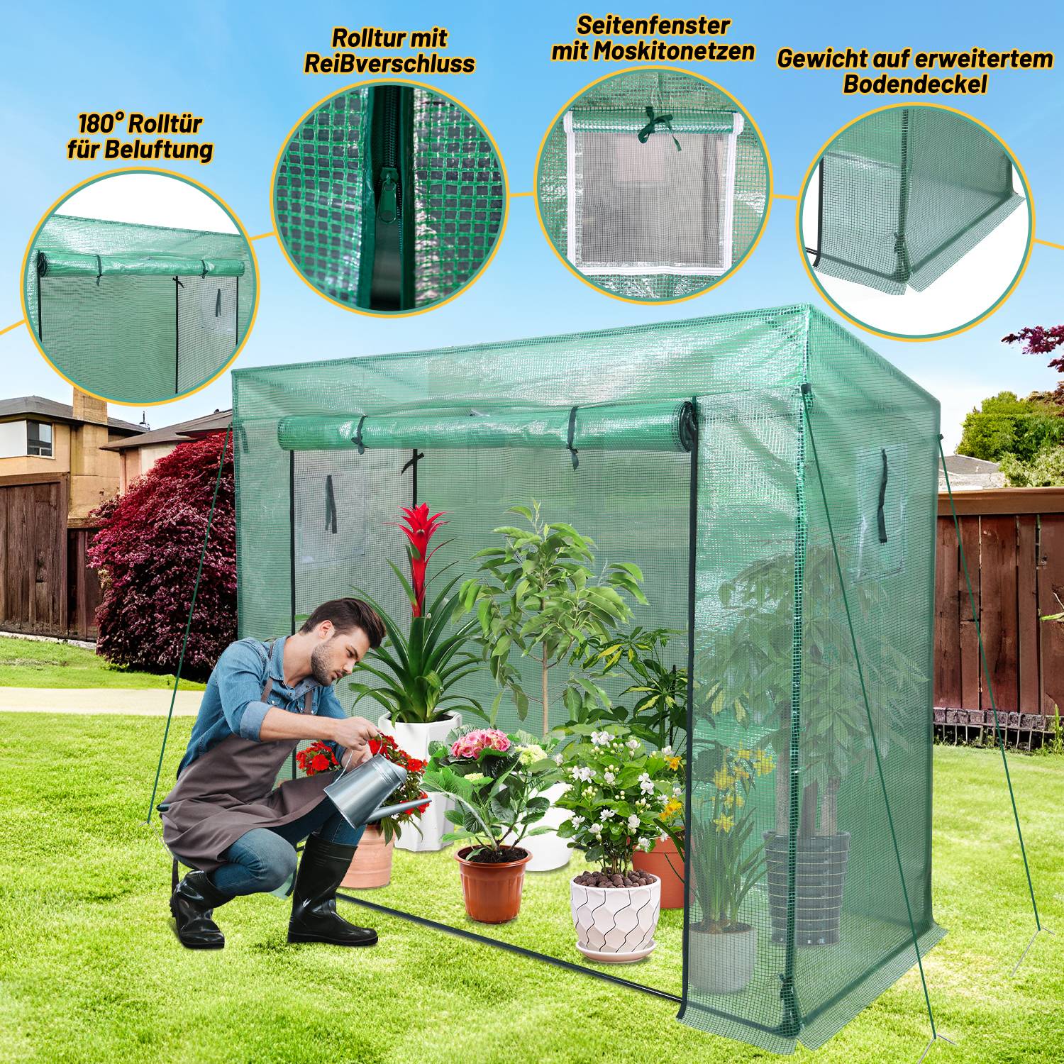 Foliengewächshaus 140 g/m2, PE halbtransparent, wasserdicht wetterfest,grün, 200x80x150/169cm
