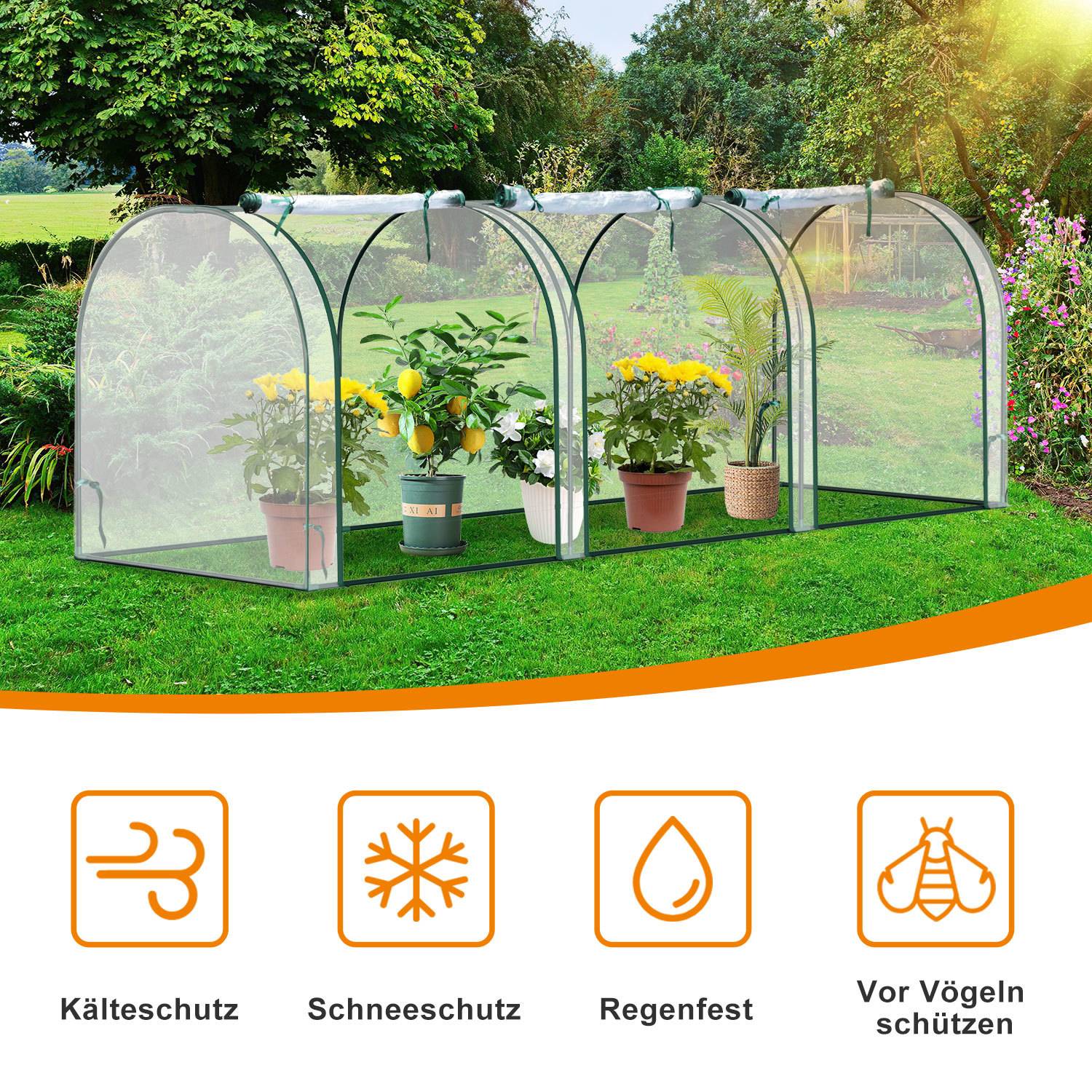 Outdoor-Tunnelgewächshaus zum Schutz von Topfpflanzen mit Symbolen für Kälteschutz, Schnee-, Regen- und Vogelschutz.
