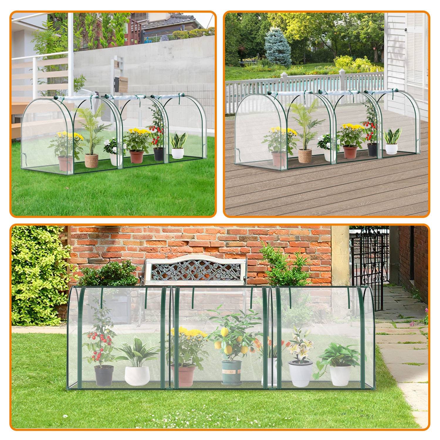 Tragbare Mini-Gewächshaustunnel mit transparenten Kunststoffabdeckungen über getopften Pflanzen, gezeigt auf Gras, einer Terrasse und einem Rasen vor einer Backsteinmauer.