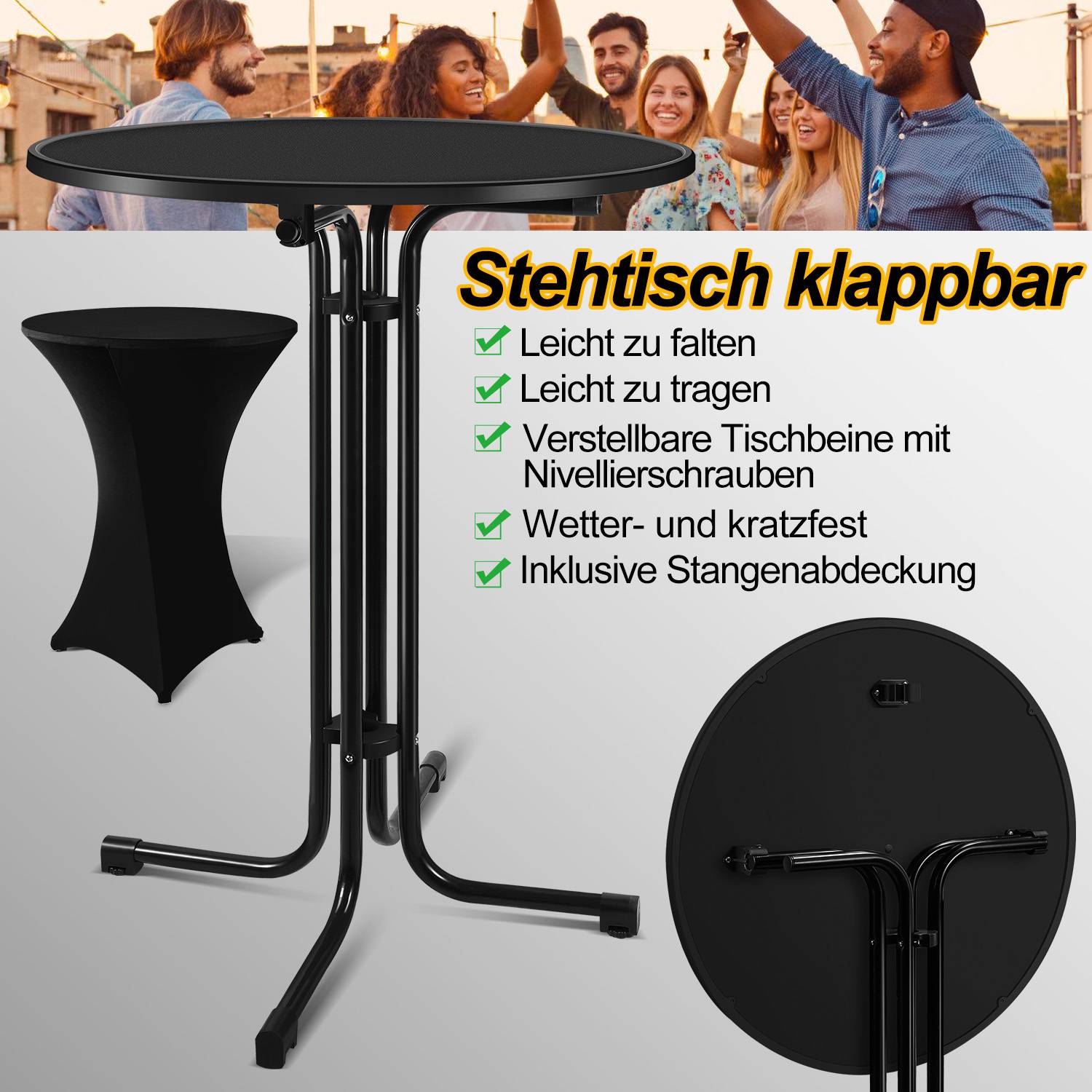 Stehtisch Bistrotisch Metall Garten Tisch Ø 80 cm Klappbar Bartisch Schwarz inkl. Husse