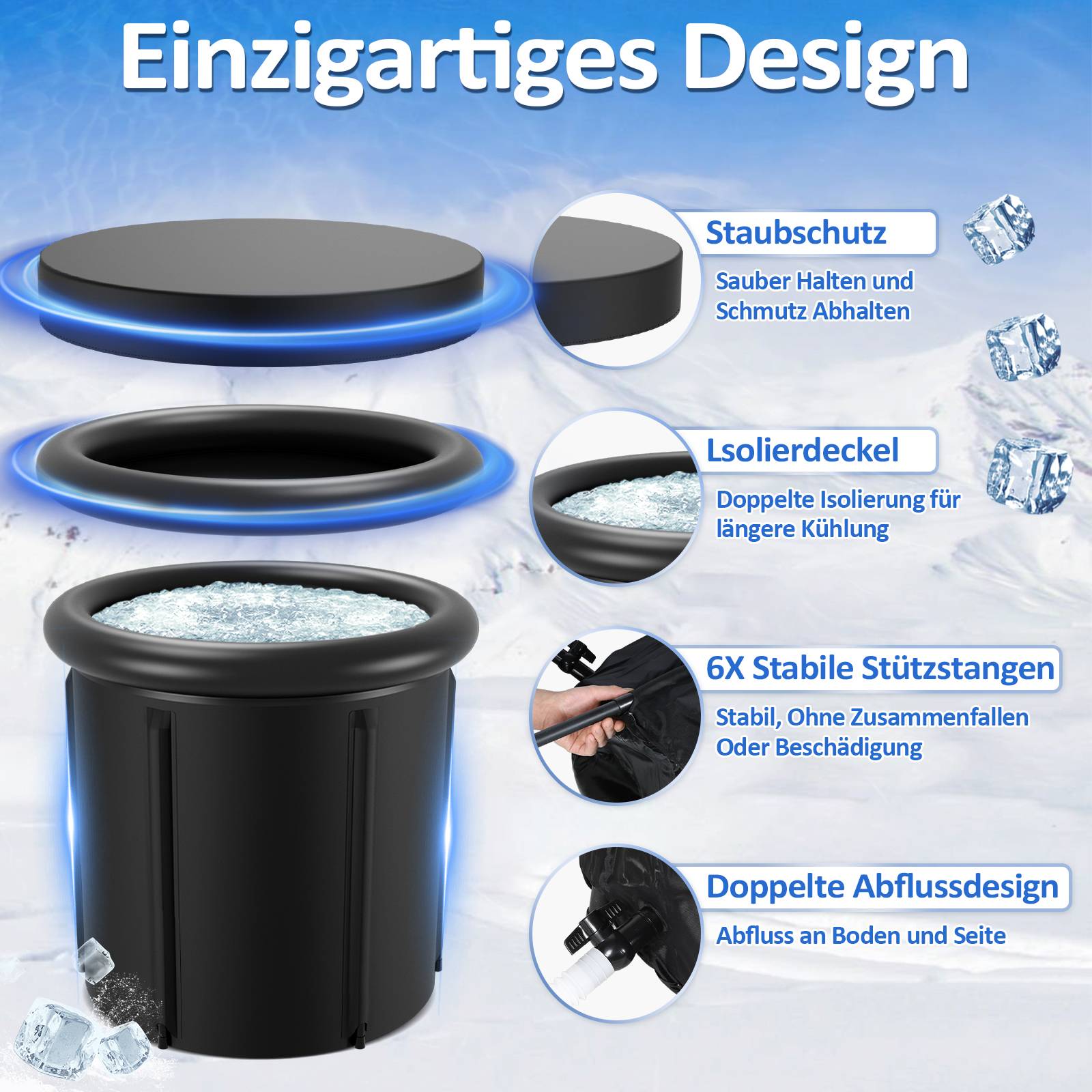 Eisbad Eisfass 80 cm inkl. Tasche, Thermodeckel, Luftpumpe, Kissen