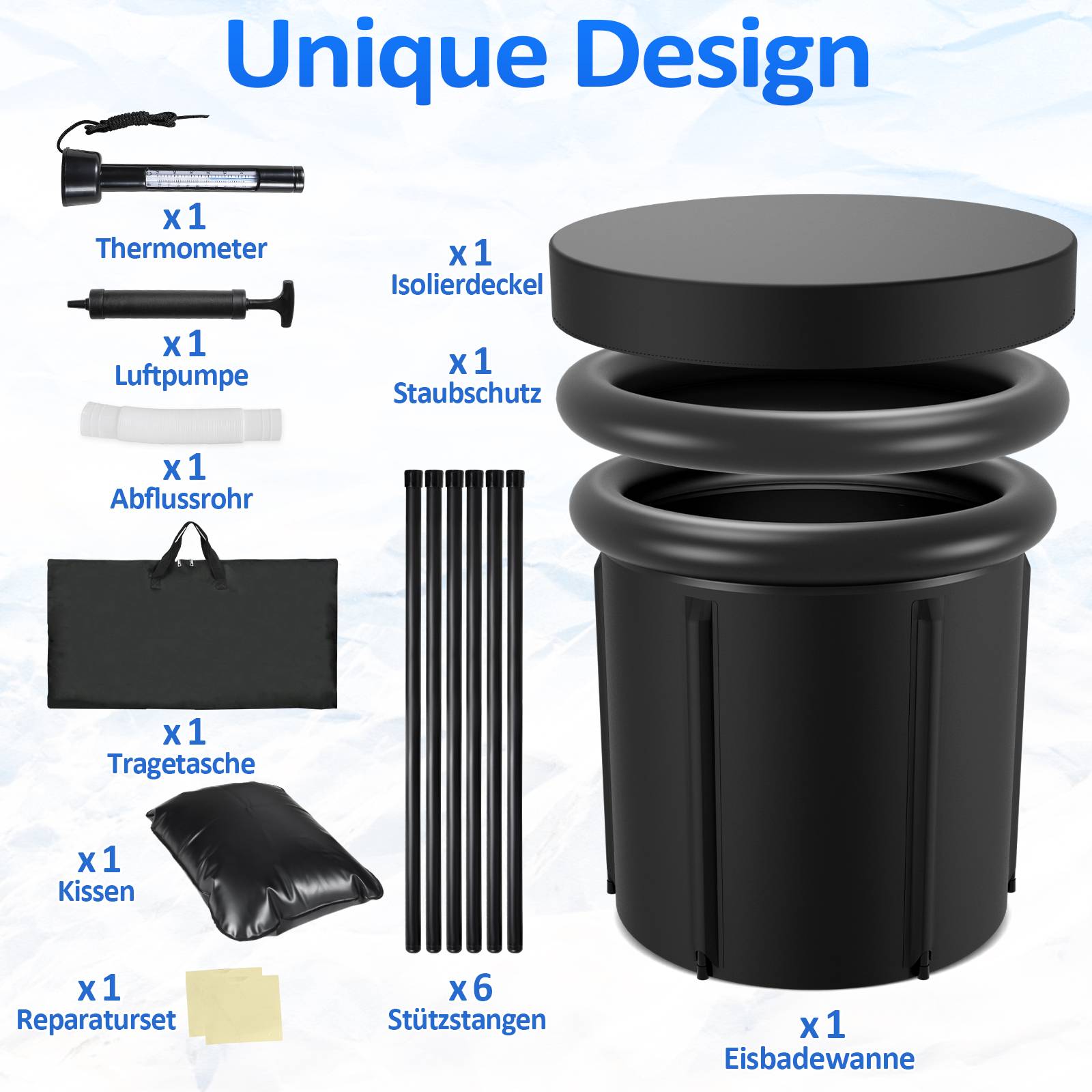 Eisbad Eisfass 80 cm inkl. Tasche, Thermodeckel, Luftpumpe, Kissen