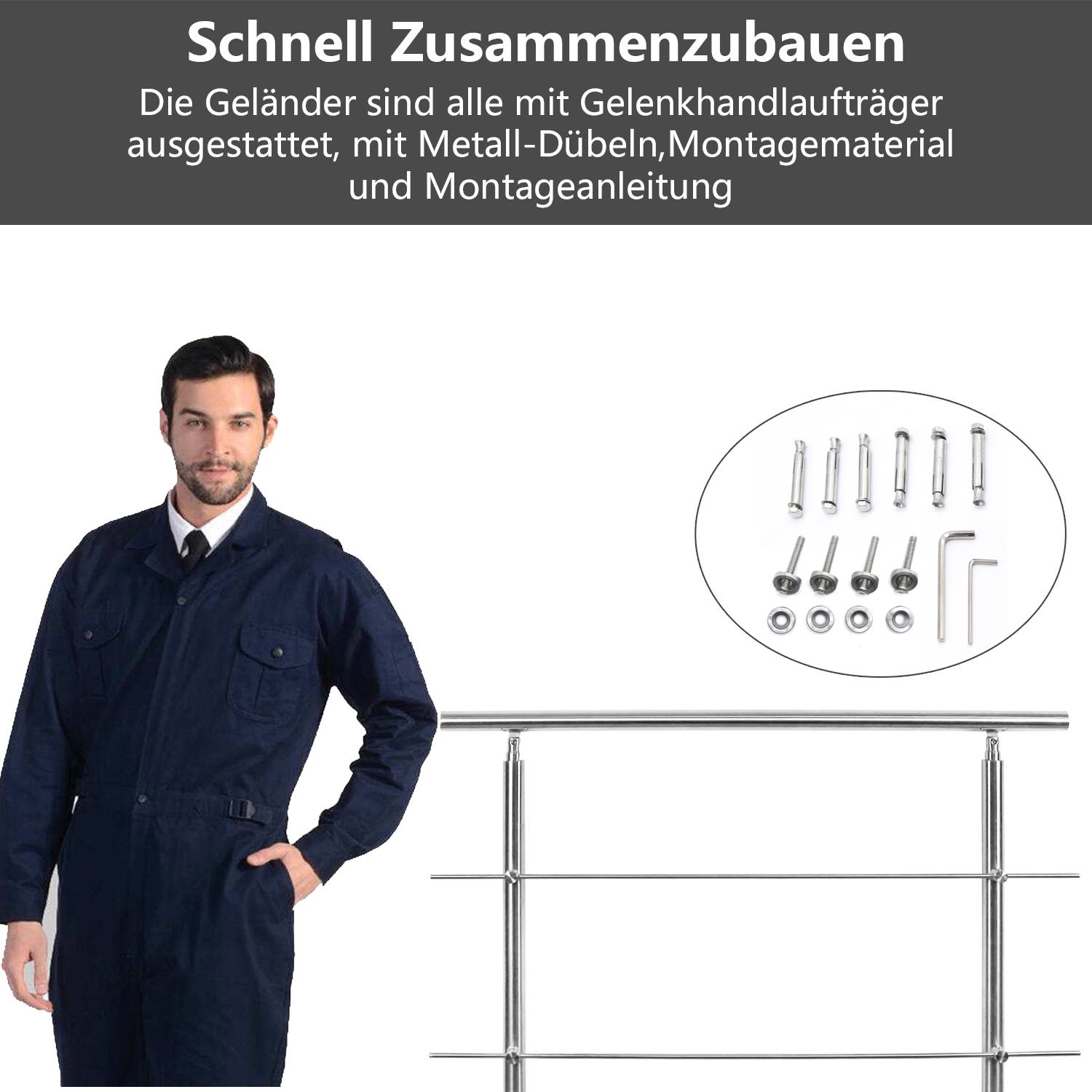 Geländer Edelstahl Handlauf Treppengeländer Für Innen Außen Balkongeländer Treppenhaus Brüstung 120cm 5 Querstäbe