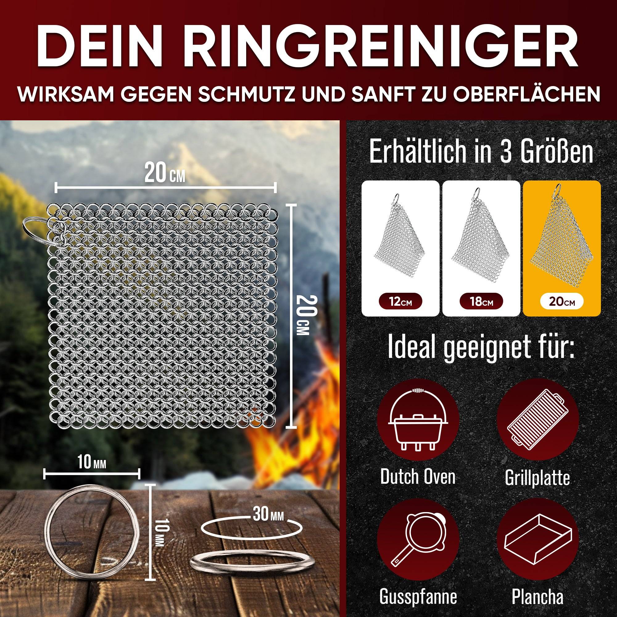 GUSSKÖNIG Edelstahl Ringreiniger XL 20x20 cm zum Reinigen von Gusseisen