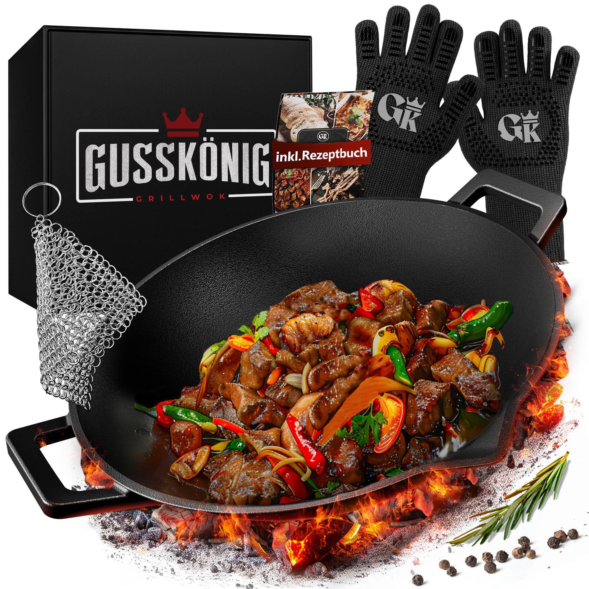 GUSSKÖNIG Wok Pfanne aus Gusseisen 35 cm Ringreiniger Handschuhe