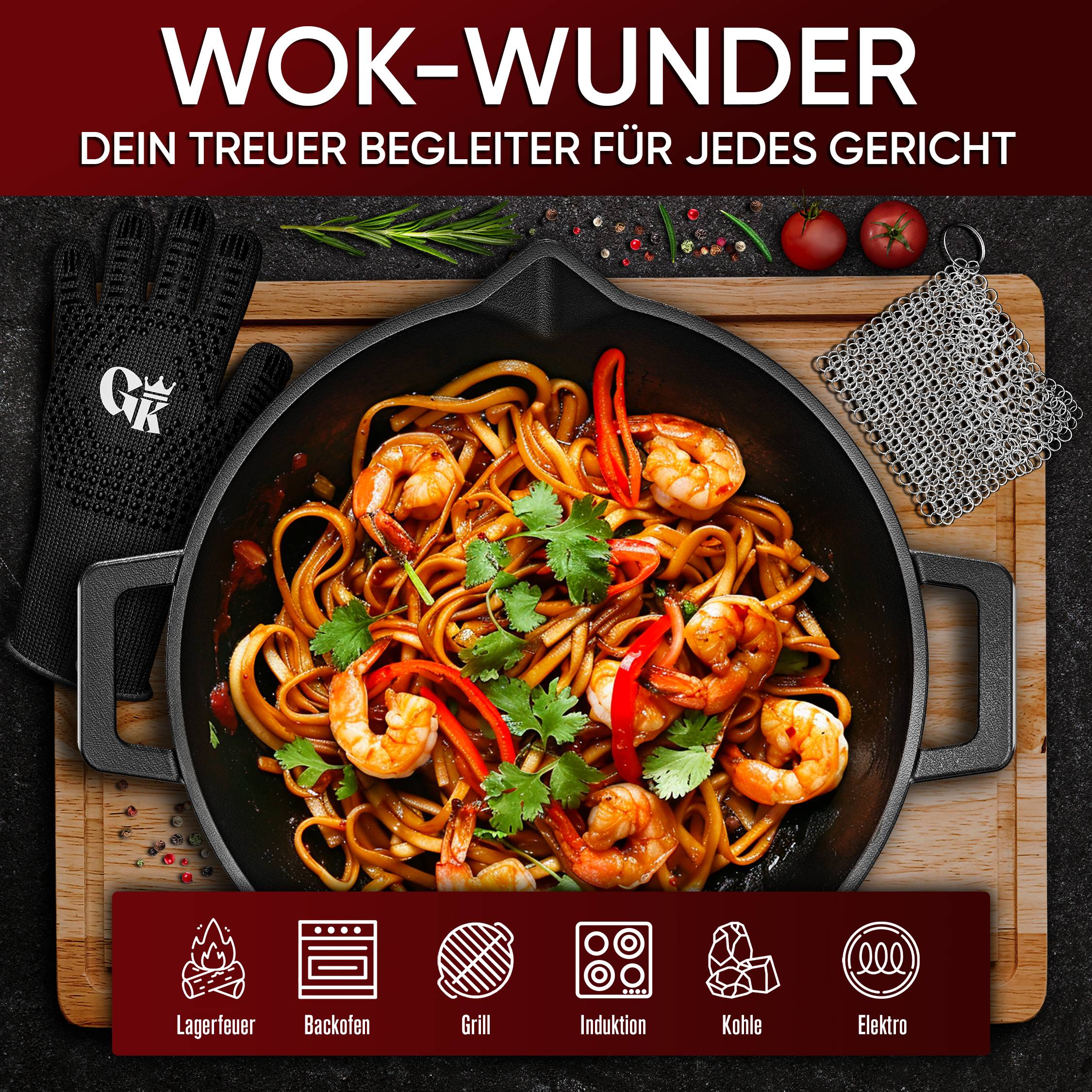 GUSSKÖNIG Wok Pfanne aus Gusseisen 35 cm Ringreiniger Handschuhe