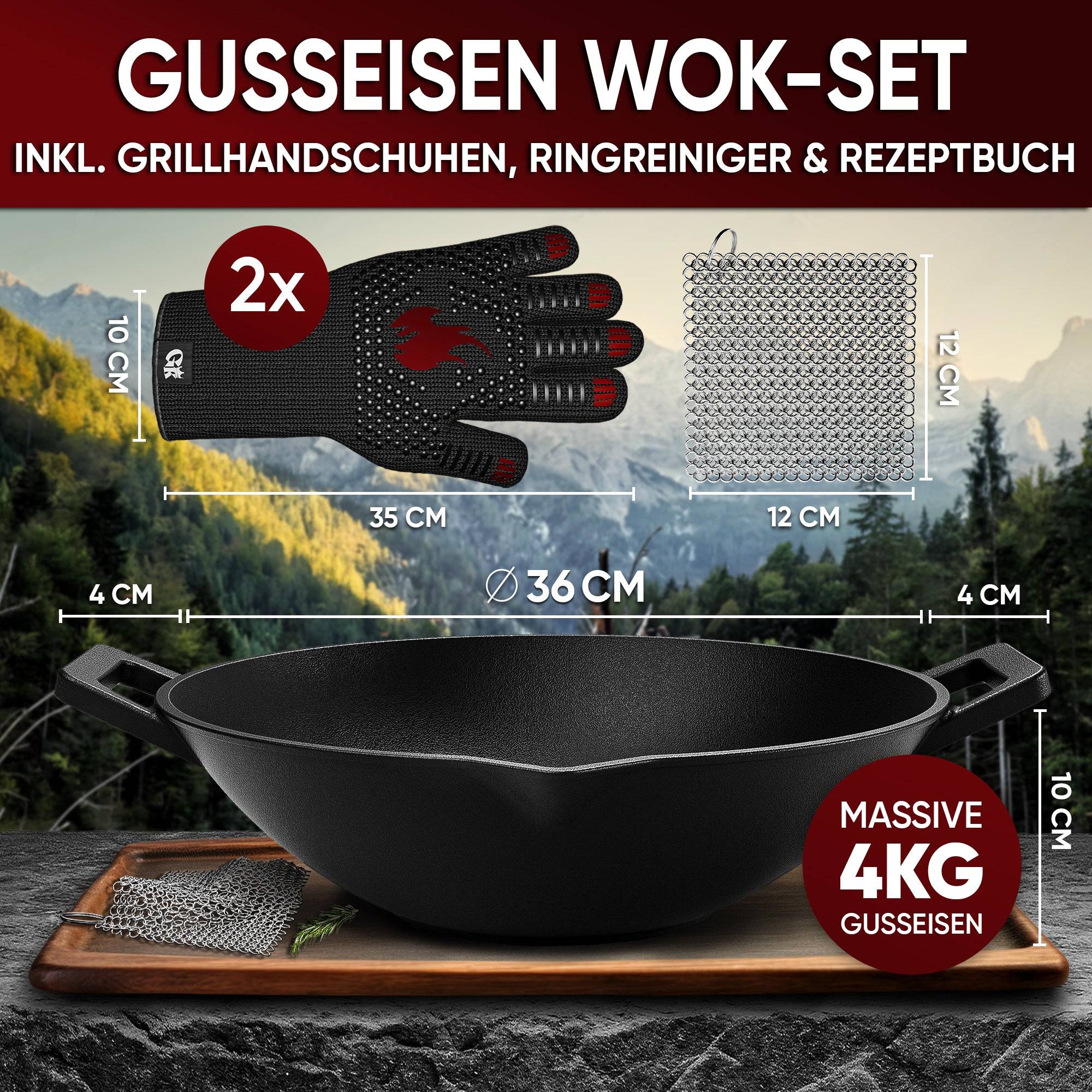 GUSSKÖNIG Wok Pfanne aus Gusseisen 36cm mit Ringreiniger Handschuhe