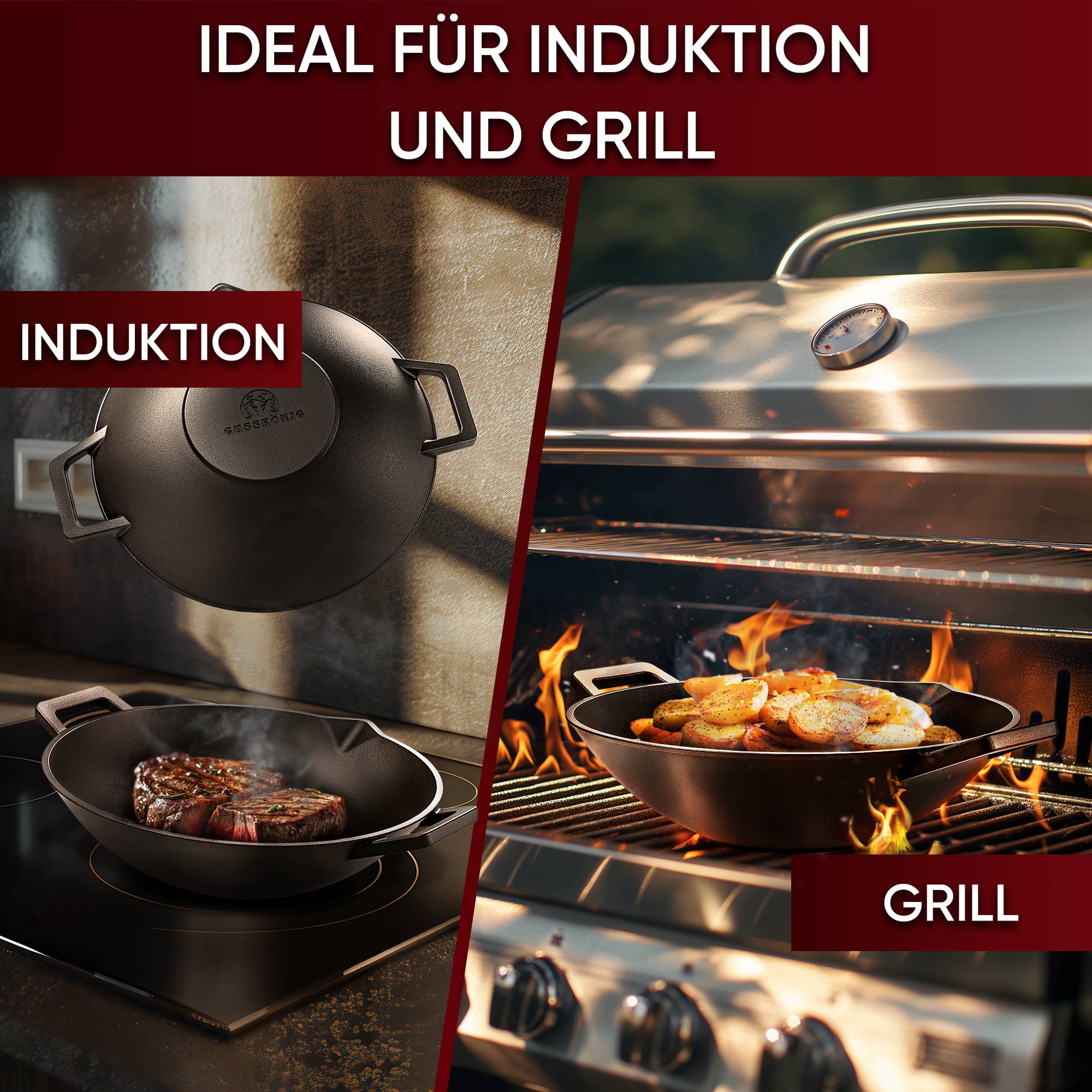 GUSSKÖNIG Wok Pfanne aus Gusseisen 36cm mit Ringreiniger Handschuhe