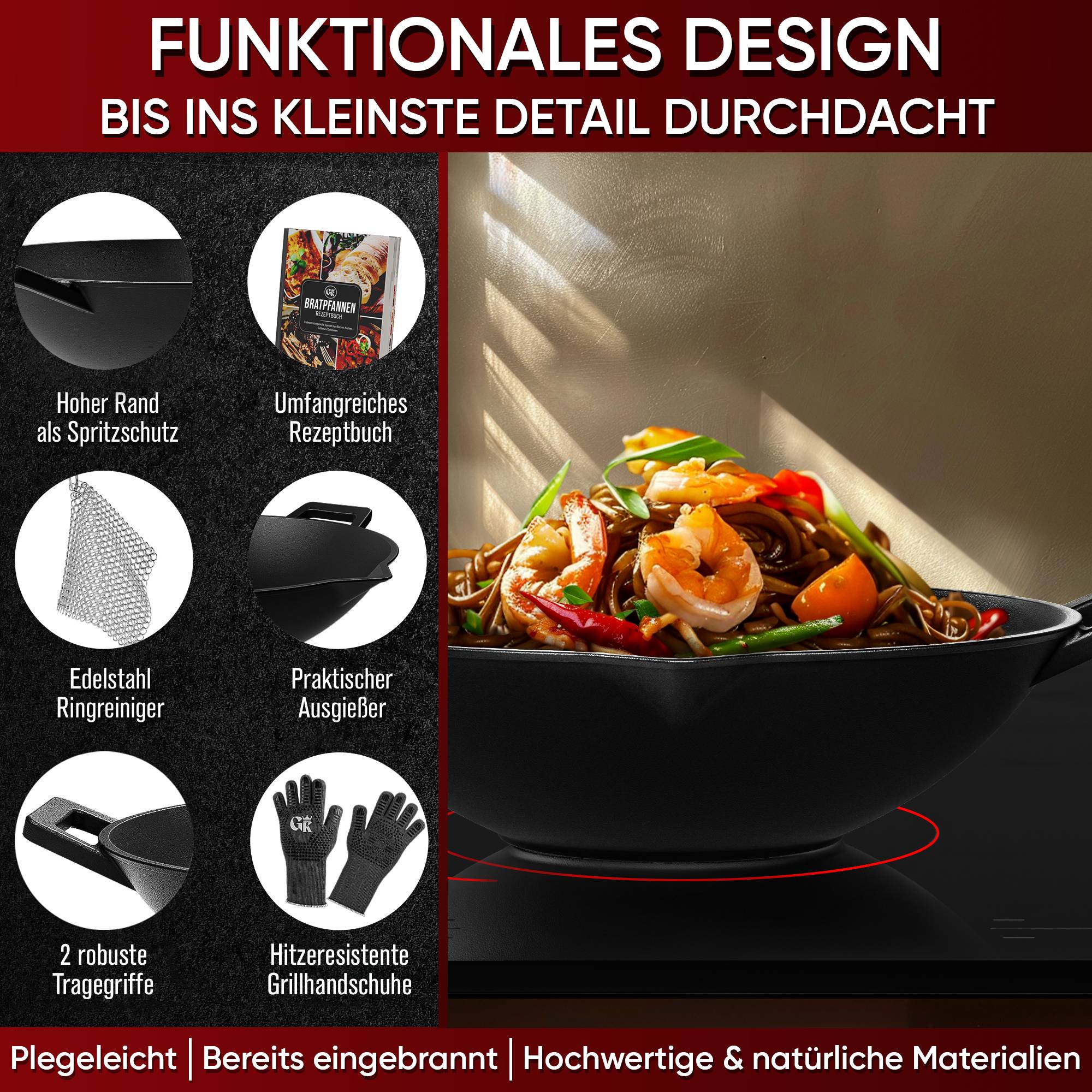 GUSSKÖNIG Wok Pfanne aus Gusseisen 35 cm Ringreiniger Handschuhe