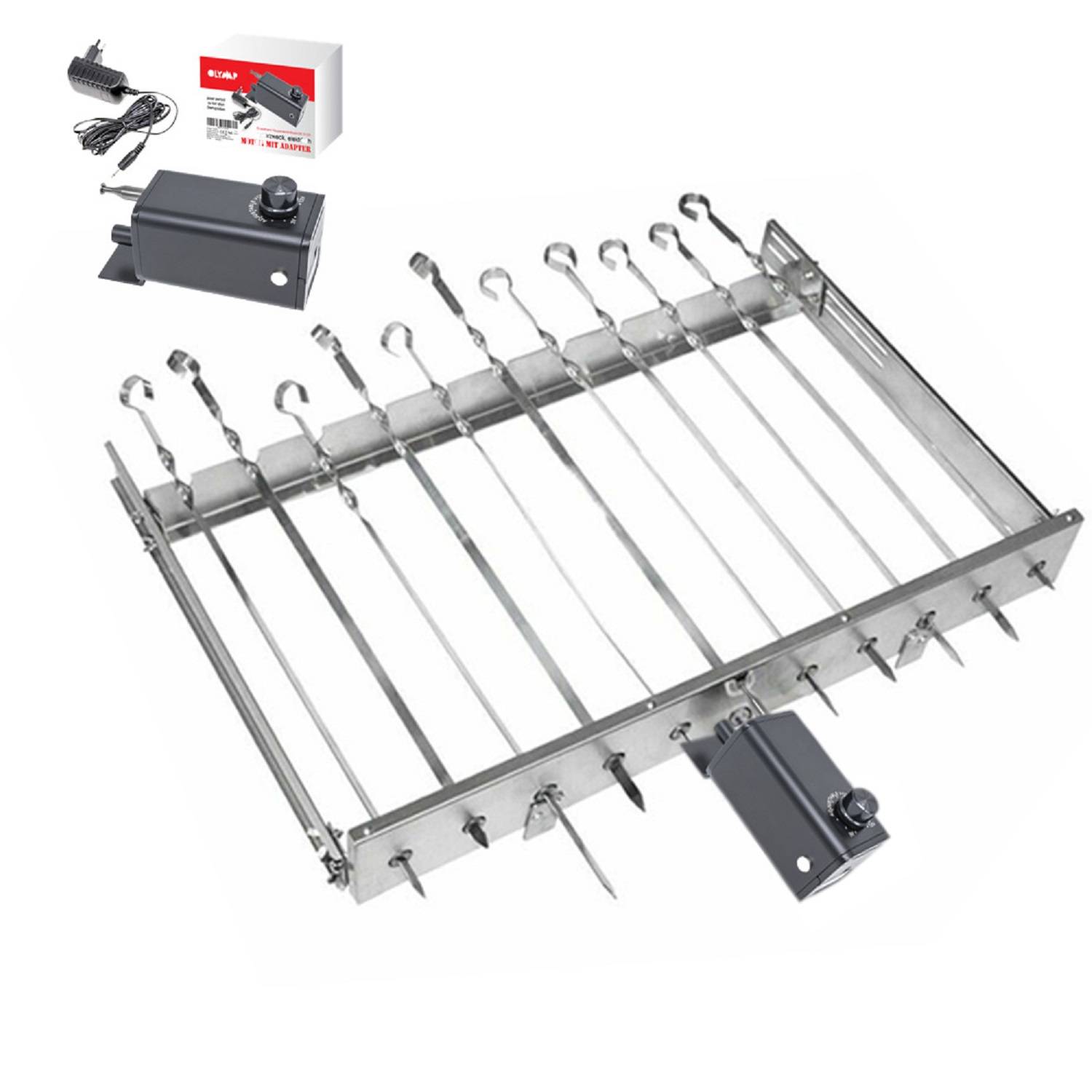 Mangal Drehspießaufsatz für 11 Schaschlik Spieße Edelstahlmotor 240V mit Batterieadapter