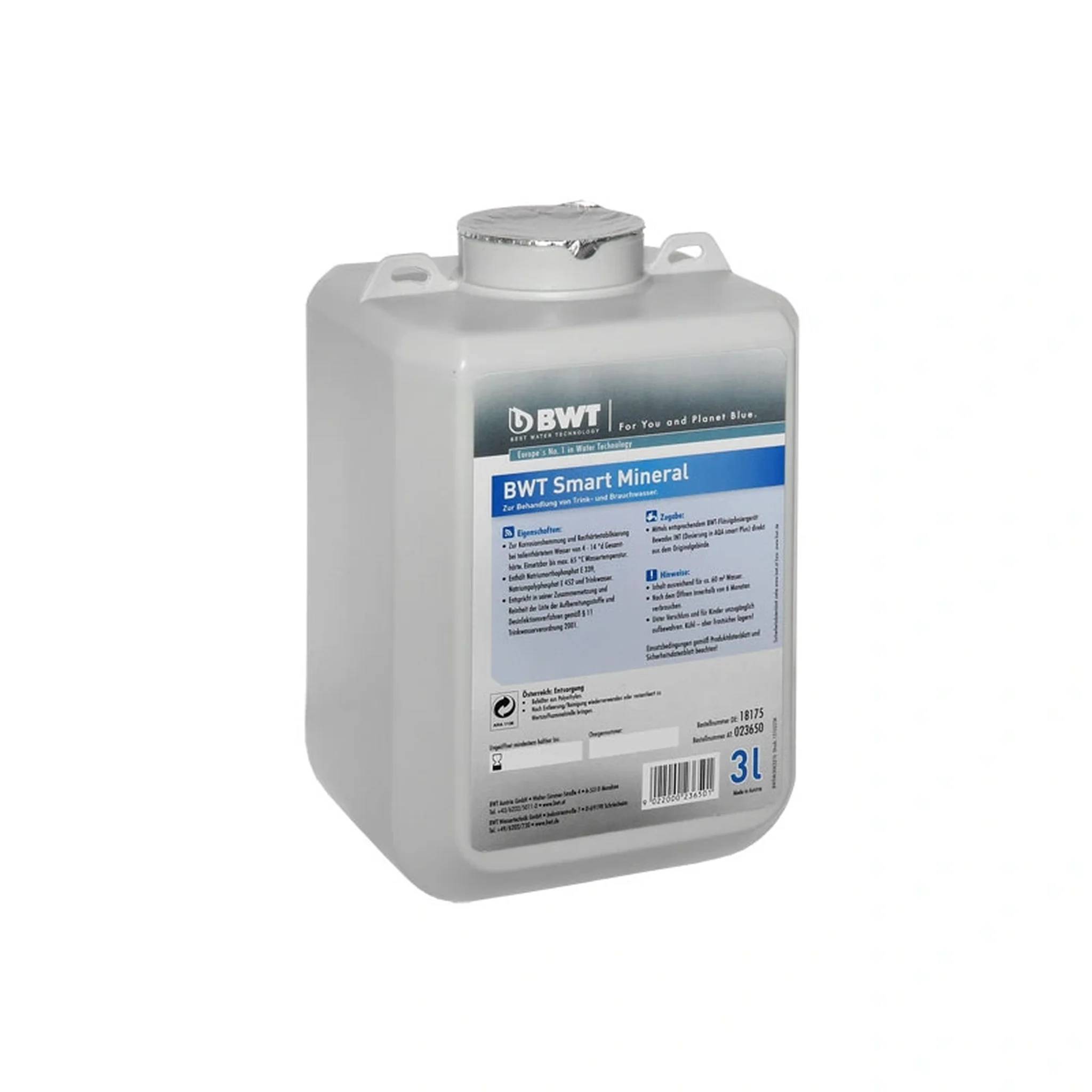 BWT Smart Mineral 3L Kunststoffflasche mit Schraubverschluss und Etikett, verwendet für die Wasseraufbereitung.