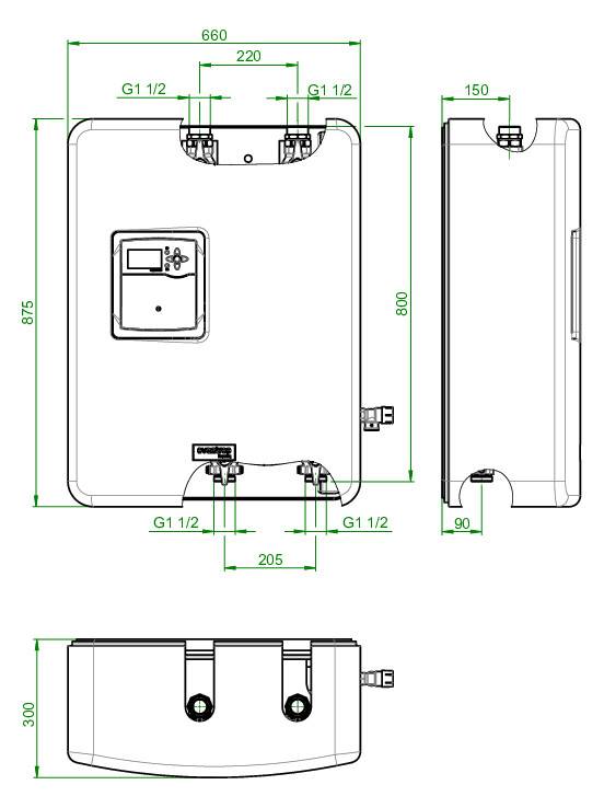 Technische Maßstabzeichnung eines rechteckigen Tanks oder Geräts, dargestellt in Front-, Seiten- und Draufsicht mit Abmessungen in Millimetern und markierten Anschlusspunkten G1 1/2.