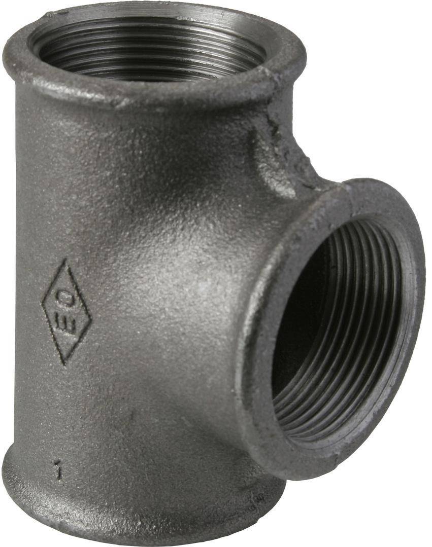 Schwarzes Metall-Rohrgewinde-T-Stück mit zwei weiblichen Öffnungen, dargestellt auf weißem Hintergrund.