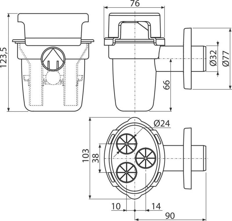 Alcadrain Trichtersiphon mit Kugel für abtropfendes Kondensat und mit dem Schlauchhalter DN32