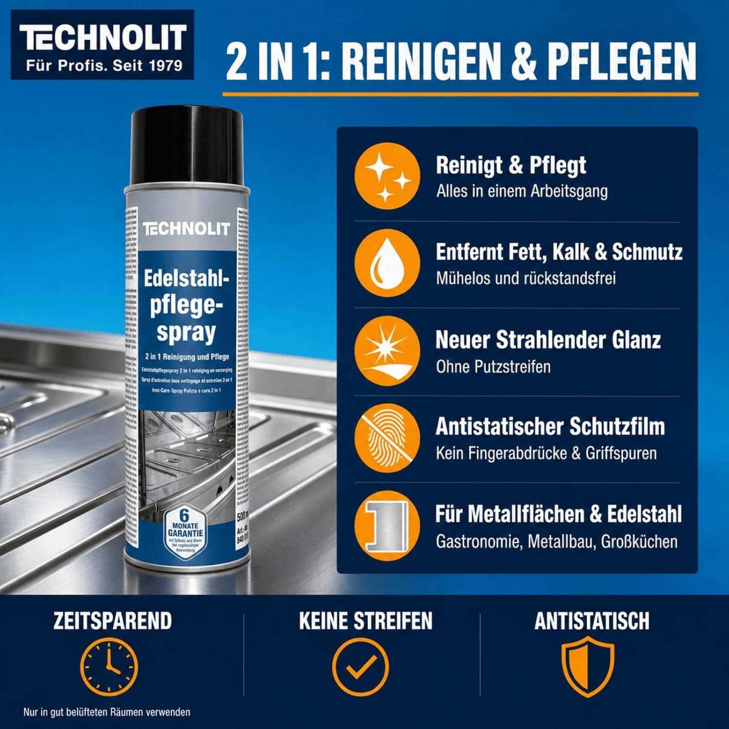 Technolit Edelstahl-Pflegespray in einer Dose auf einer metallischen Oberfläche, beschriftet mit „2 in 1: Reinigen & Pflegen