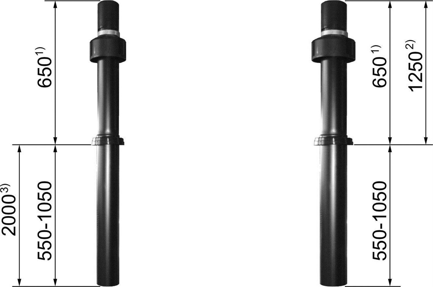 Technisches Diagramm, das zwei schwarze zylindrische Pfosten mit den beschrifteten Abmessungen 6501, 550–1050, 2003 und 1250 2 auf weißem Hintergrund zeigt.