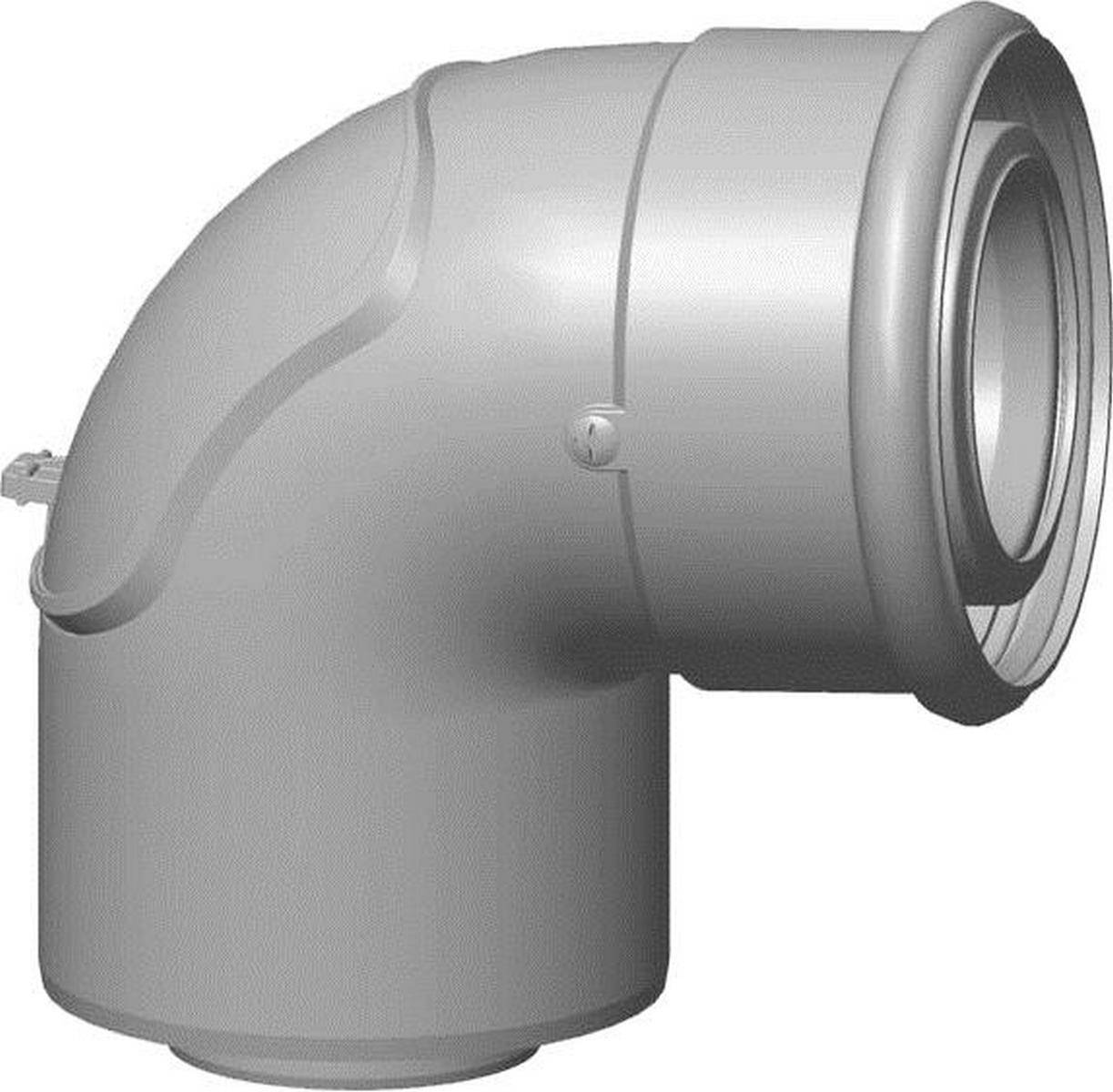 Graues 90-Grad-HVAC-Rohrbogenfitting mit einer kreisförmigen Flanschöffnung auf der rechten Seite und einem verschlossenen Ende auf der linken Seite.