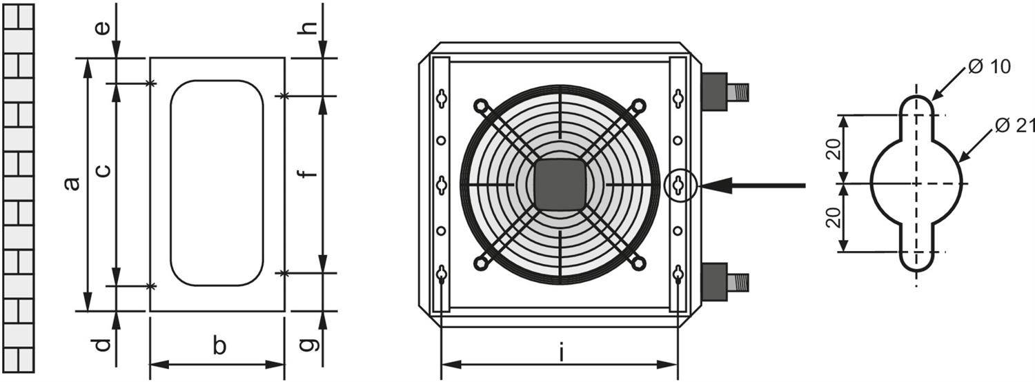 Technische Zeichnung einer quadratischen Lüftereinheit mit Vorder- und Seitenansicht sowie Maßstabbeschriftungen, plus eine Detailzeichnung mit kreisförmigem Befestigungsloch mit den Durchmessern 10 und 21.