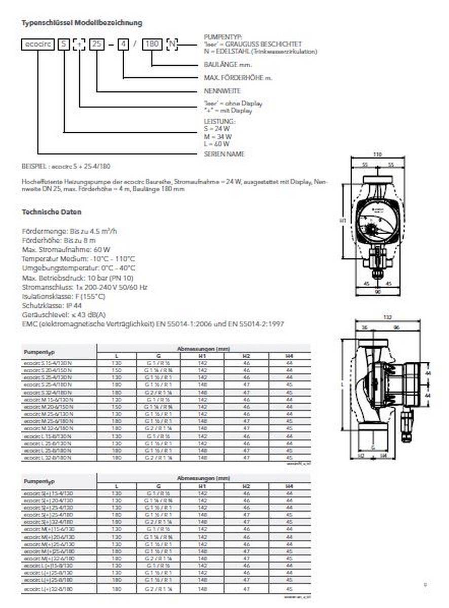 Lowara 25-6/130 ecocirc M+ HE - Pompe de chauffage