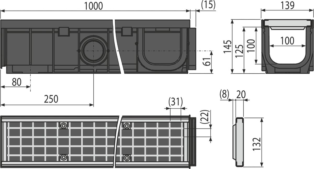Entwässerungsrinne 100 mm mit Kunststoffrand und Rost verzinkt B125