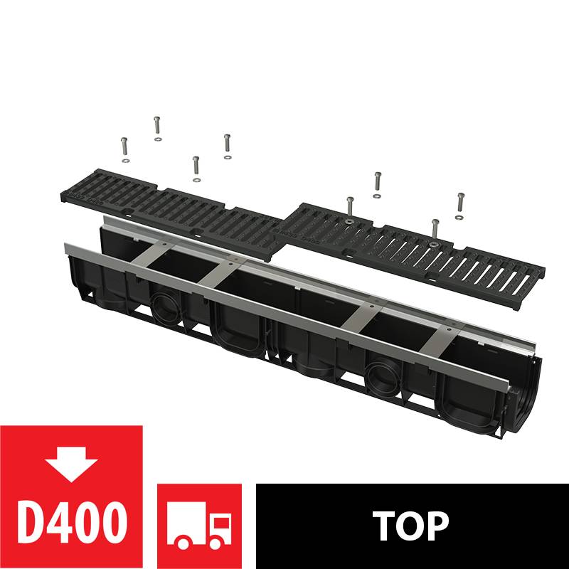 alcadrain CANIVEAU D'ÉGOUTTEMENT 100 MM AVEC CADRE MÉTALLIQUE, GRILLE EN FONTE