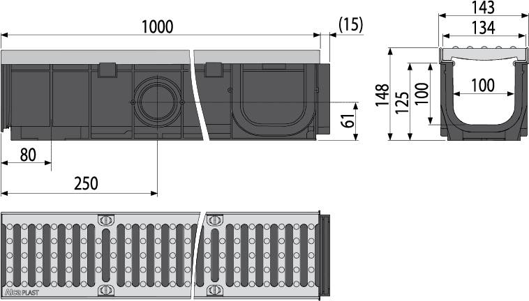 alcadrain CANIVEAU D'ÉGOUTTEMENT 100 MM AVEC CADRE MÉTALLIQUE, GRILLE EN FONTE