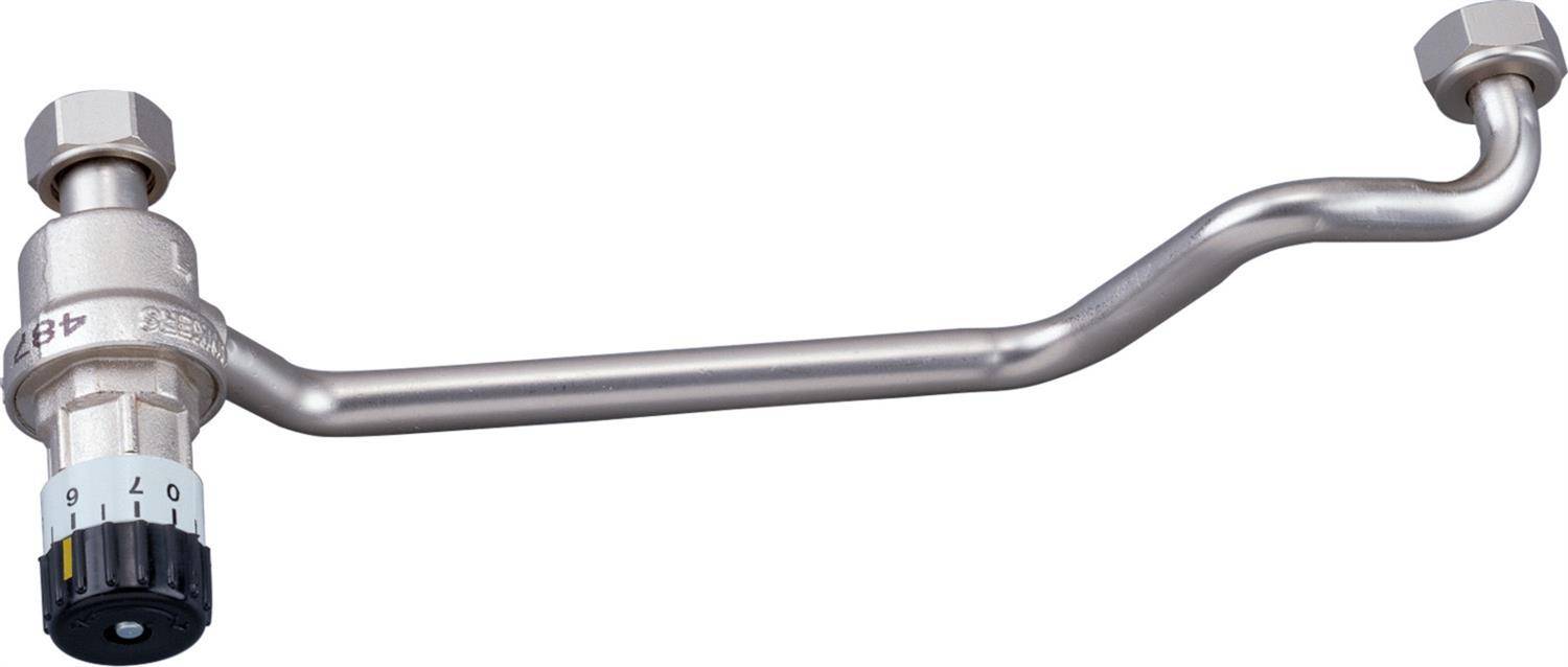 Metall-Thermostatventil für Heizkörper mit langem gekrümmtem Rohr und Einstellknopf auf weißem Hintergrund.