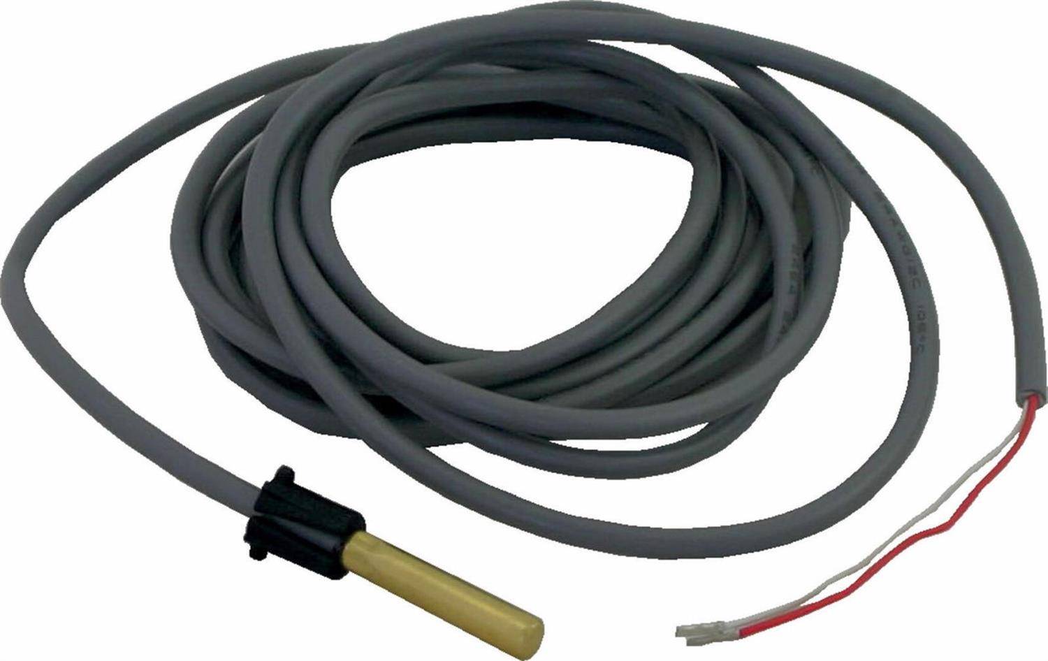 Aufgerolltes graues Kabel mit einer Messfühler-Sonde aus Messing und freigelegten roten und weißen Drahtleitern auf weißem Hintergrund.