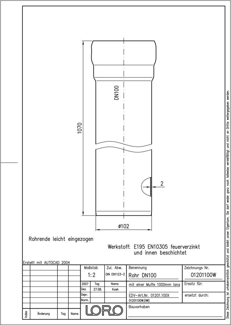 LORO-X-Rohr 01201. DN 100x1000mm, mit 1 Muffe