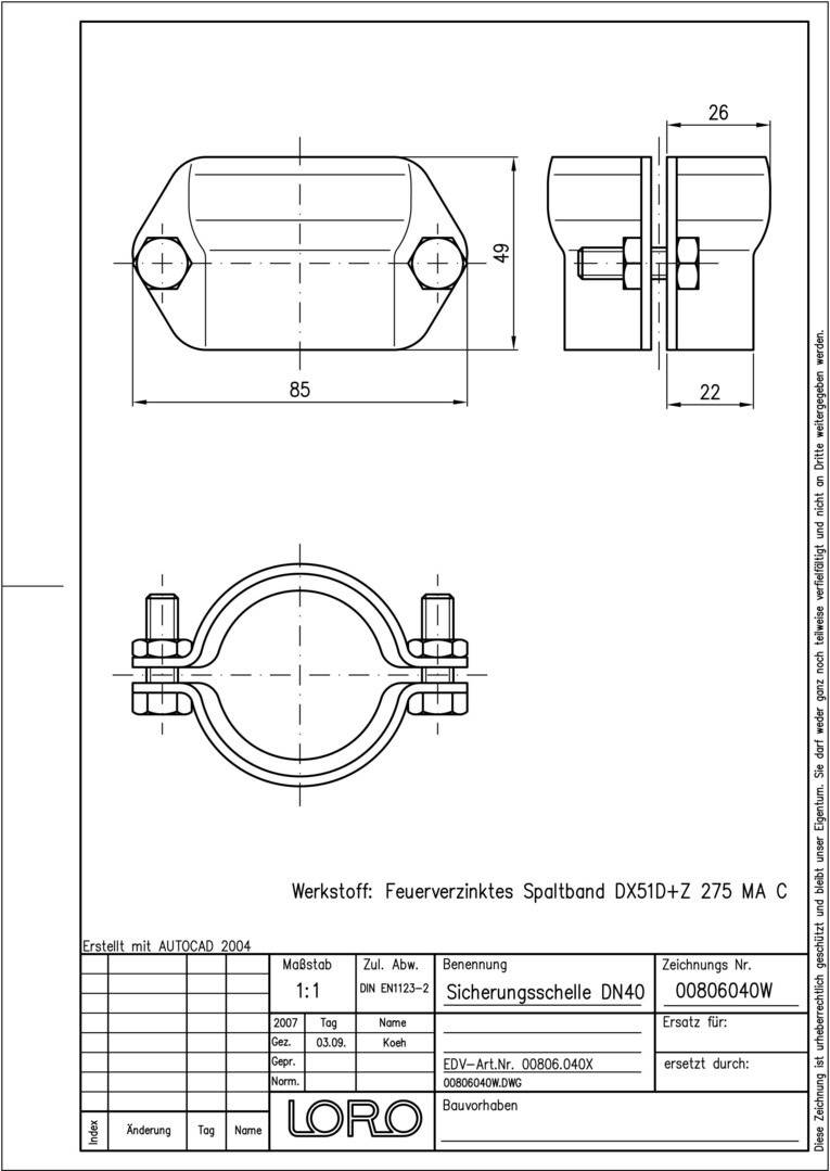 LORO-X-Sicherungsschelle 00806. DN 40, fuer Muffenverbindung