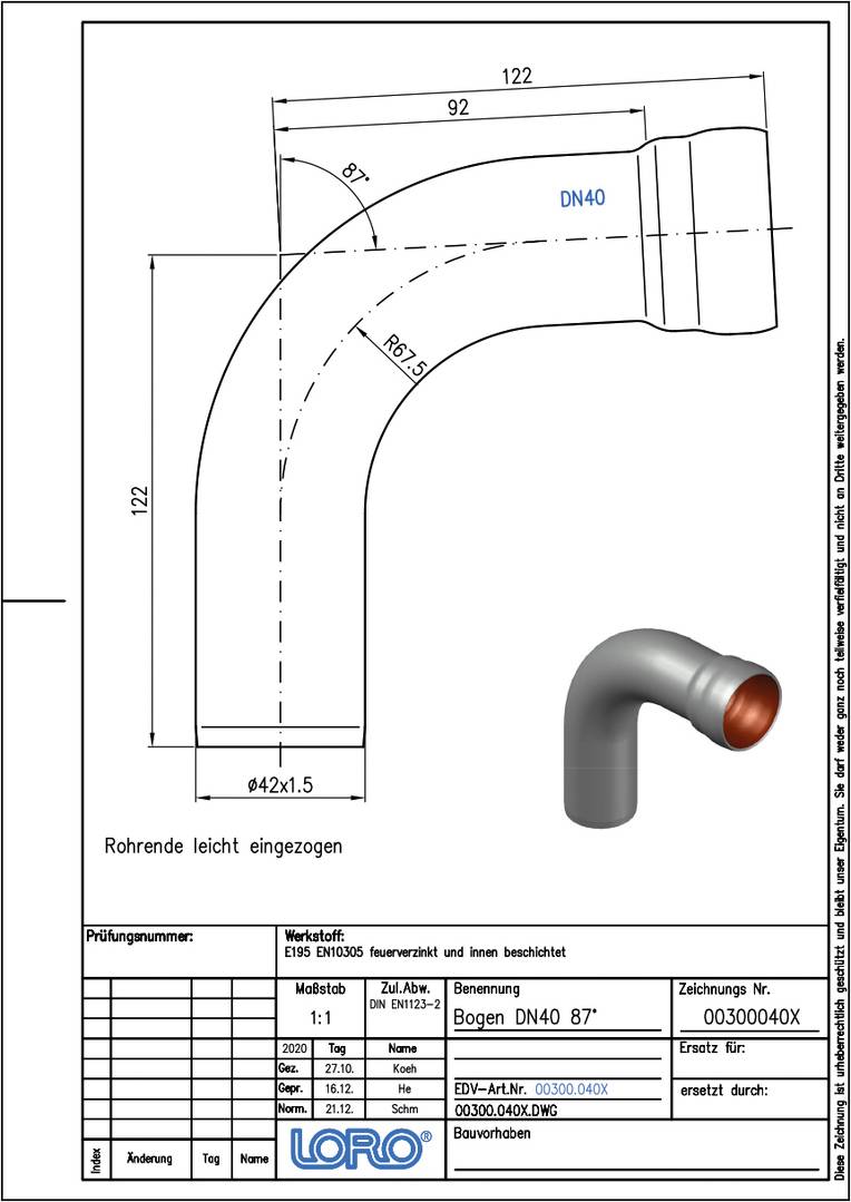 LORO-X Bogen 00300. DN 40 87 Grad