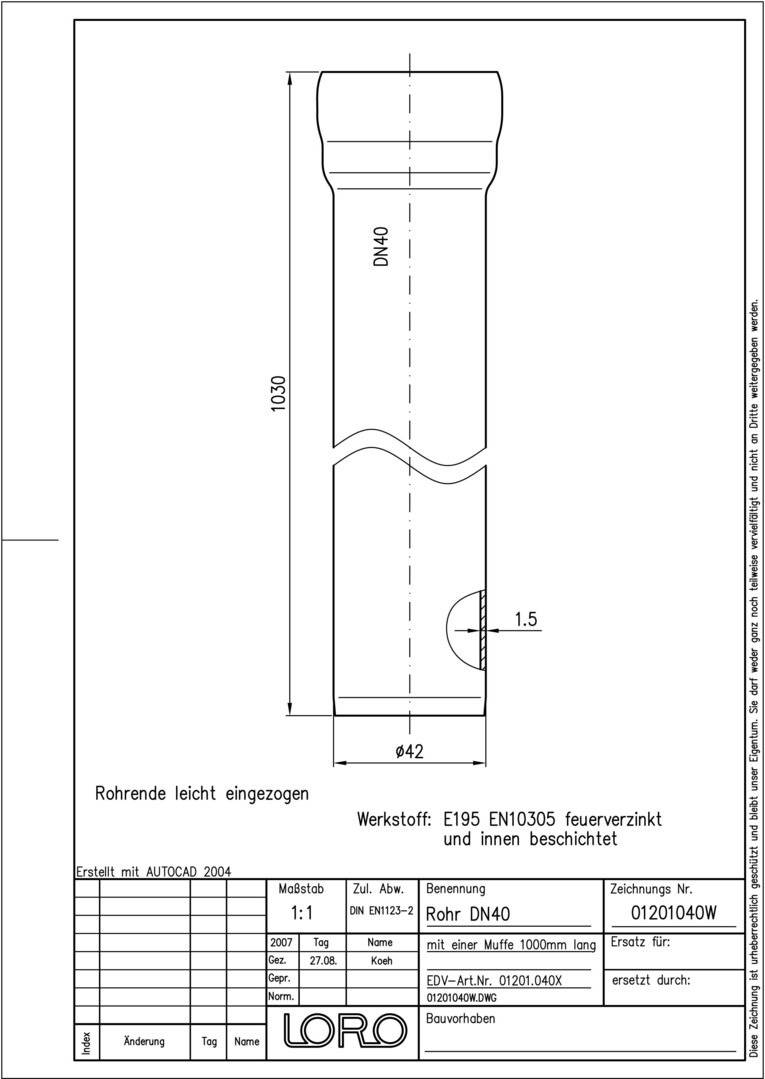 LORO-X-Rohr 01201. DN 40x1000mm, mit 1 Muffe