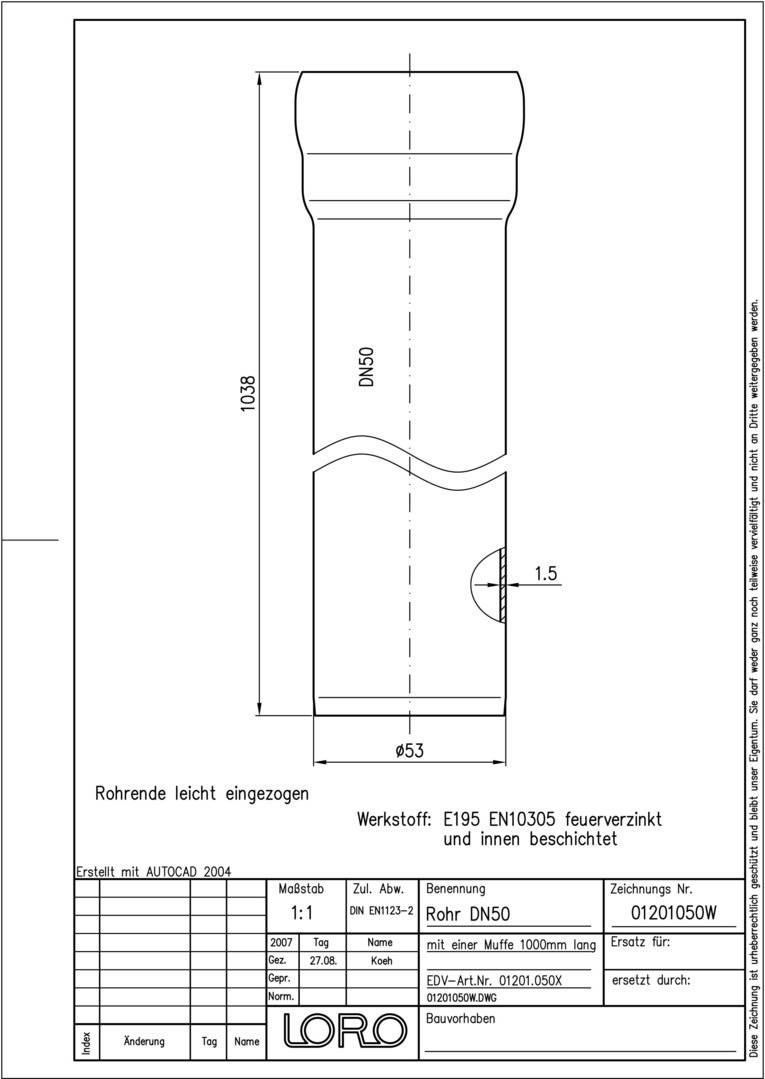 LORO-X-Rohr 01201. DN 50x1000mm, mit 1 Muffe