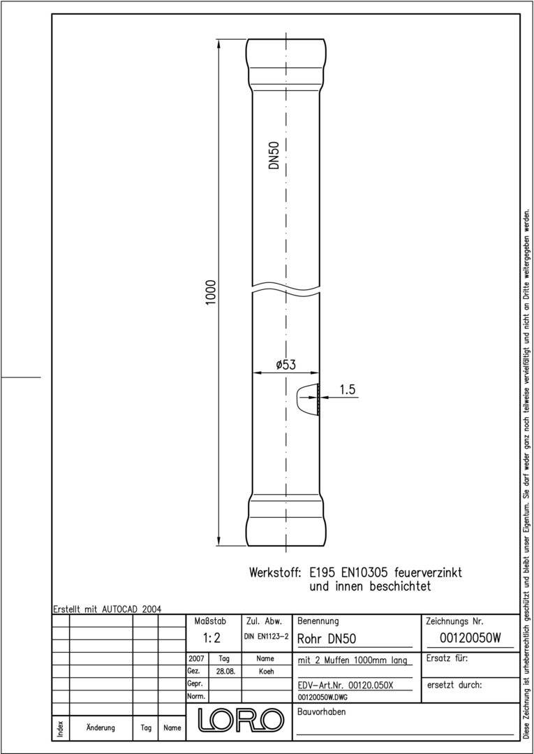 LORO-X-Rohr 00120. DN 50x1000mm, mit 2 Muffen