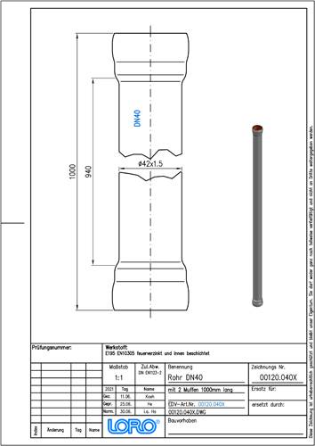 LORO-X-Rohr 00120. DN 40x1000mm, mit 2 Muffen