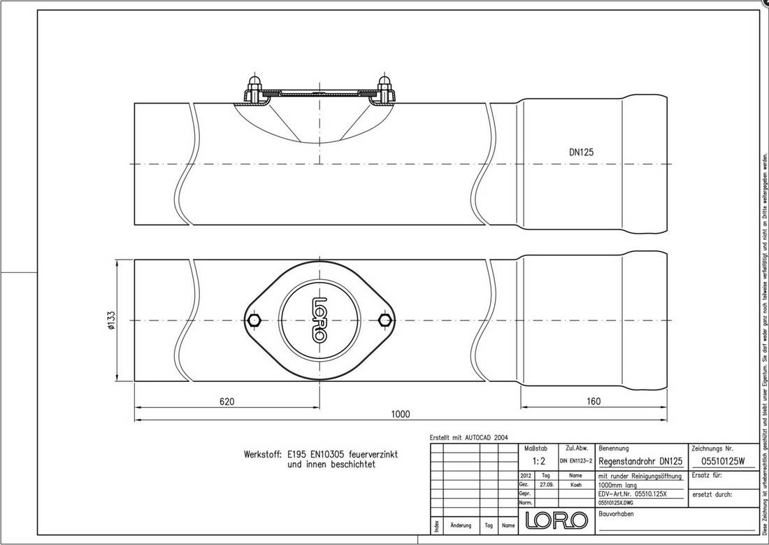 LORO-X-Regenstandrohr 05510 DN 125, rund, Reinigungsoeffnung 1000mm