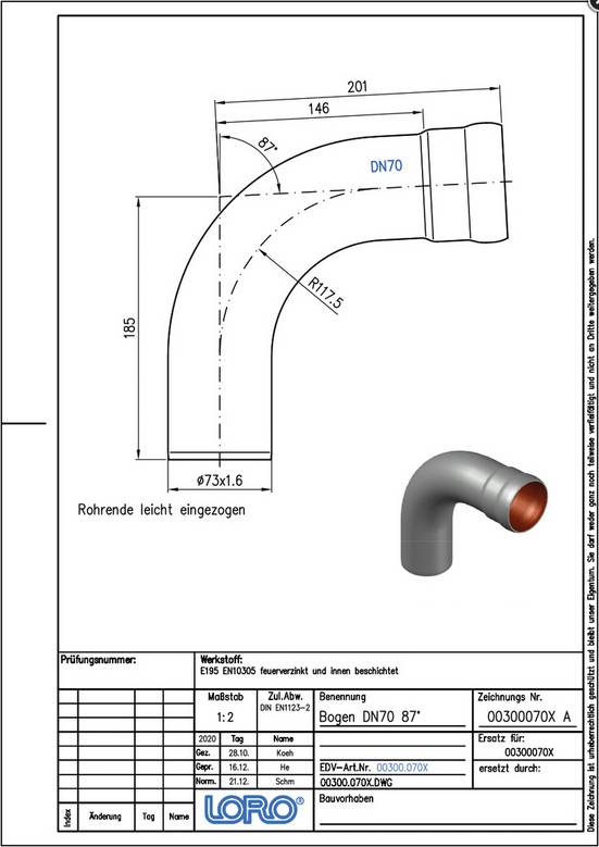 LORO-X-Bogen 00300. DN 70 87 Grad