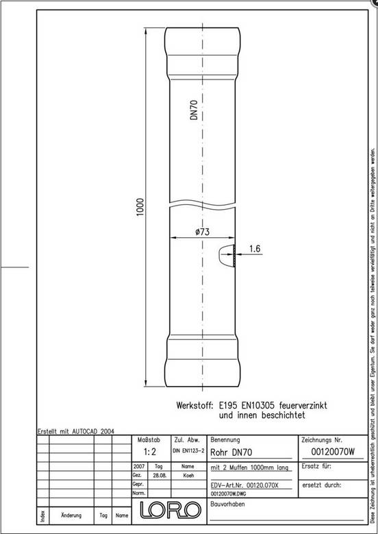LORO-X-Rohr 00120. DN 70x1000mm, mit 2 Muffen