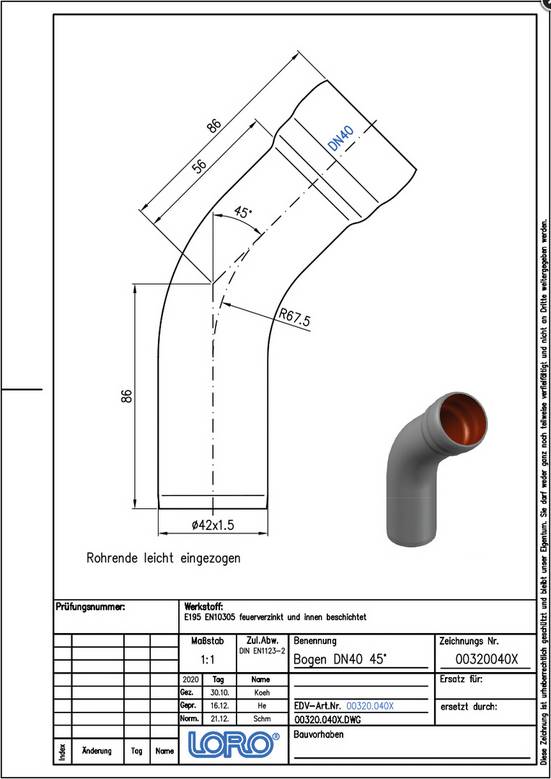 LORO-X-Bogen 00320. DN 40 45 Grad