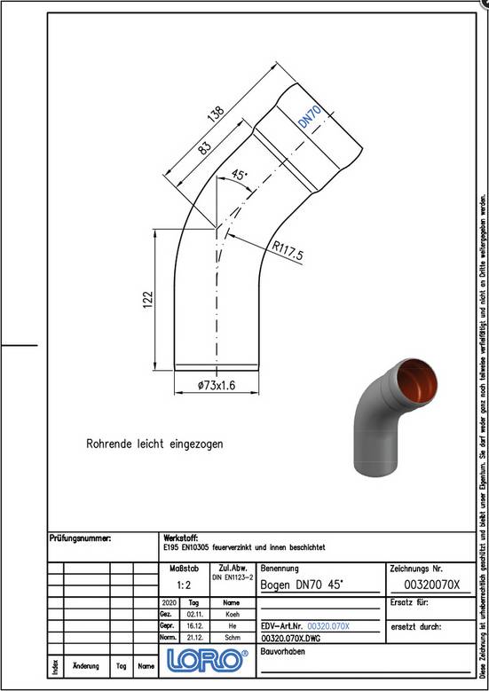 LORO-X-Bogen 00320. DN 70 45 Grad