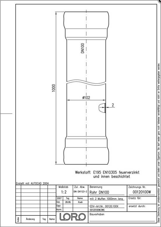 LORO-X-Rohr 00120. DN 100x1000mm, mit 2 Muffen
