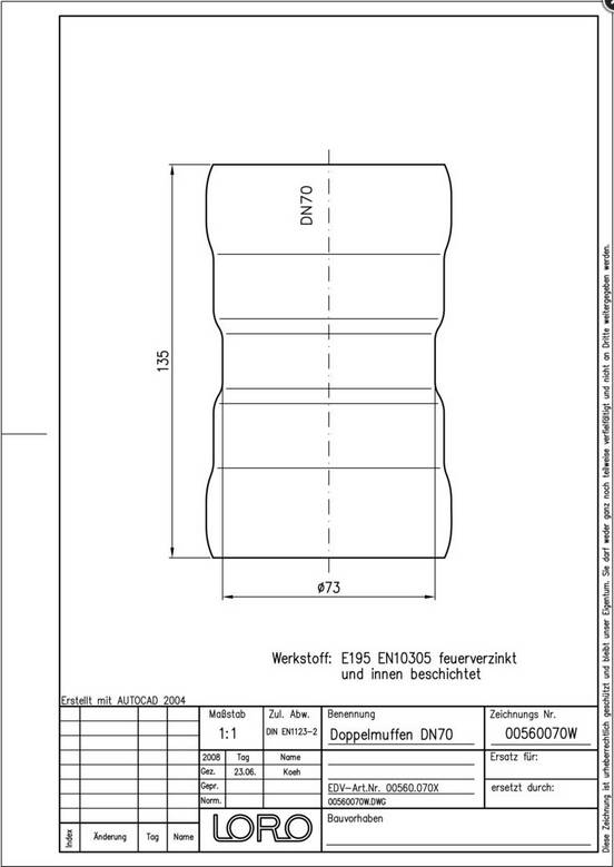 LORO-X-Doppelmuffen 00560. DN 70