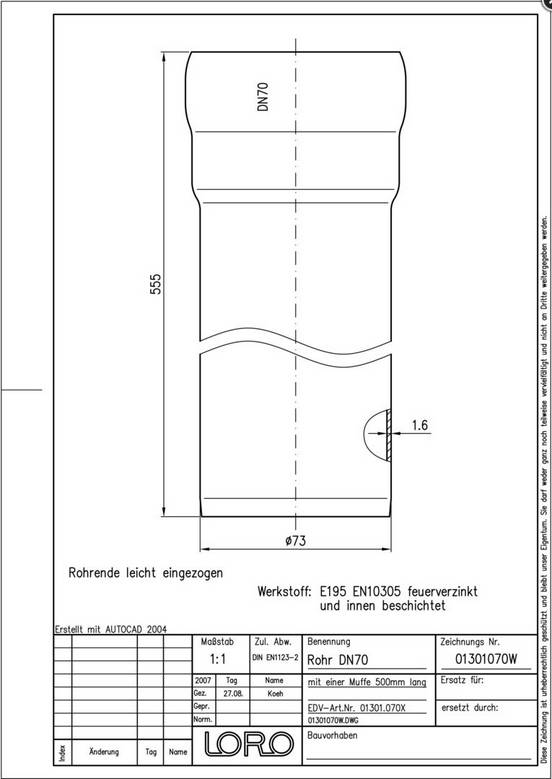 LORO-X-Rohr 01301. DN 70x500mm, mit 1 Muffe